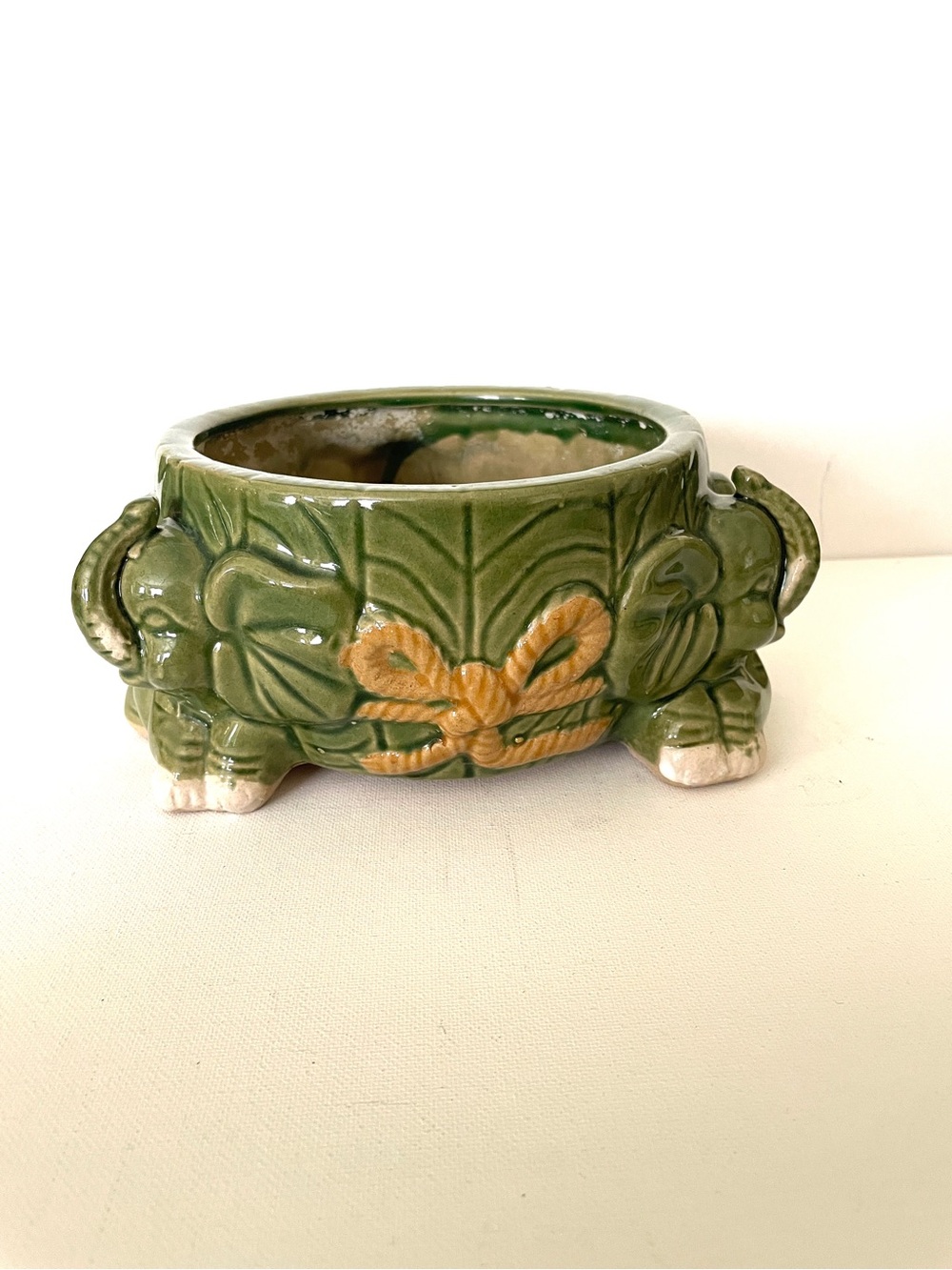 Vintage Green Ceramic Elephant Planter with Yellow Bow